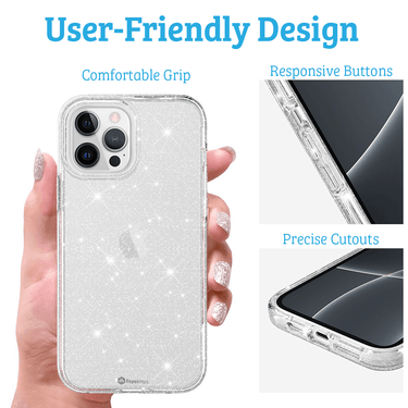 iPhone 15 Plus Heavy Duty Shiny Glitter Clear Case Cover - Scratch Resistant, Wireless Charging Compatible, Screen & Camera Lens Protection - Clear Black